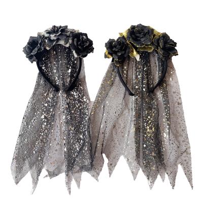 China 2022 New Launched Polyester Products Fashion Flower Embellished Headband With Lace Veil Halloween Cosplay Party Props for sale