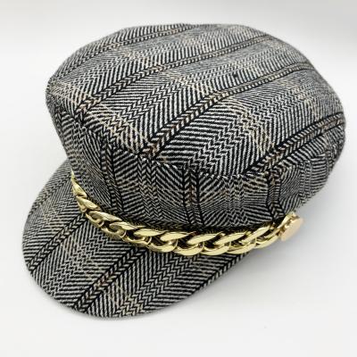 China Fashion Designer New Styles Plaid Navy Hat With Chain Retro Outdoor Fashion Beret Hat For Women for sale