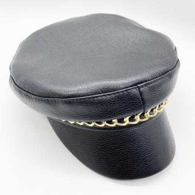 China New Fashion Fashion PU Navy Leather Hat With Chain Retro Vintage Beret Casual Military Hat For Women for sale