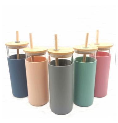 China Viable Glass Water Bottle Water Bottle Tumbler with Straw Silicone Sleeve Bamboo Lid for sale