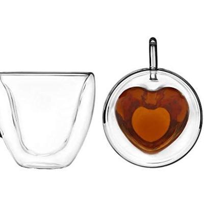 China 150ml 200ml 240ml Double Layer Heart Viable Shape Glass Cup Glass Coffee Mug for sale