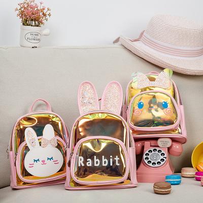 China Cute Transparent Waterproof Kids Laser Cartoon Pink Rabbit School Backpack Bags Set For Children for sale