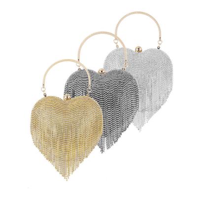 China European Rhinestone Fashion Party Dinner Clutch Bag Ladies Evening Clutch Bag Tassel Peach Heart Beaded Handbag Banquet Bag for sale