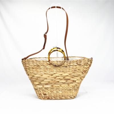 China Fashion Round Handle Water Hyacinth Hand - Woven Large Women Straw Beach Bag Tote Bag for sale