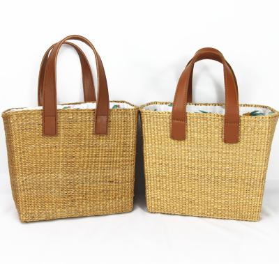 China Fashion Designer High Quality Yellow Grass Woven Handles Women Leather Handbags for sale