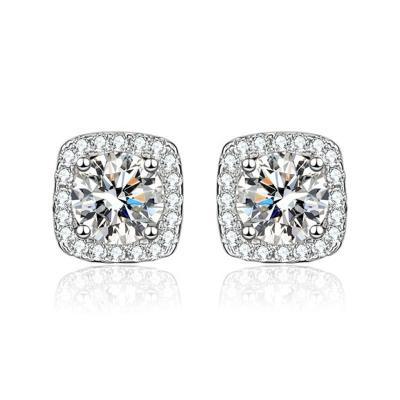 China CLASSIC 18K White Gold Plated Square Round Zircon Simulated Diamond Halo Stud Earrings (1 Pair) for sale