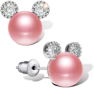 China 1 Pair CLASSIC Cute Pink 7 MM CZ Mouse Pearl Stud Stainless Steel Stud Earrings For Women Girl for sale