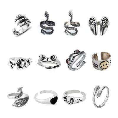 China Letters 12 Pcs Cute Silver Plated Hippie Rings Set, Snake, Hug, Cat, Frog Vintage Goth Lucky Face Rings For Women Men Girls Gift for sale