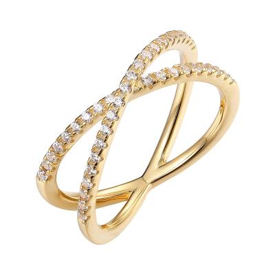 China Letters 14K Gold Plated Silver X Ring Simulated Diamond CZ Cross Ring For Women for sale