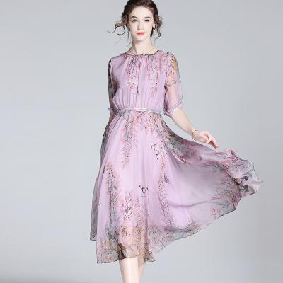 China Anti-Static Wholesale woman dress 100% true vintage silk dress purple women dresses elegant for sale