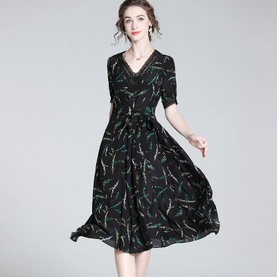 China Anti-Static Top Fashion women summer dresses french temperament silk dresses for women V-neck black  dress for sale