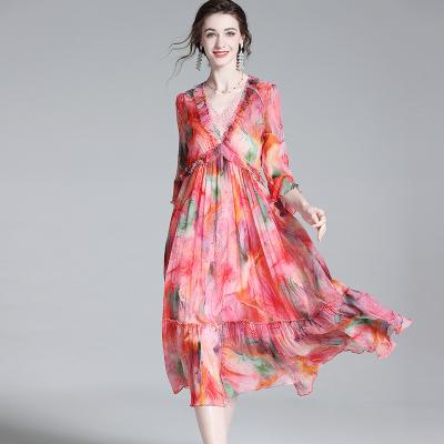 China Anti-Static Haute couture elegant dress for women Smooth crepe silk floral dress light and breathable latest dress designs for ladies for sale