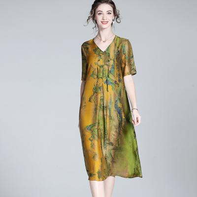 China Anti-Static casual women dress loose custom print dress Chinese style silk dress women summer for sale