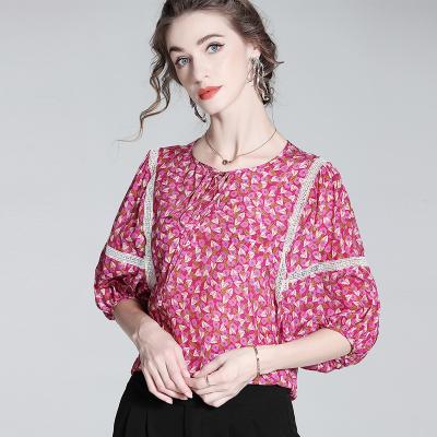 China Anti-pilling Fashion blouse crepe de chine women silk blouse Grade 6A silk print elegant blouses for women for sale