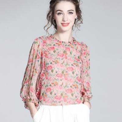 China Anti-pilling Luxury silk shirts for women round neck female tops and blouses sweet floral women blouse tops for sale