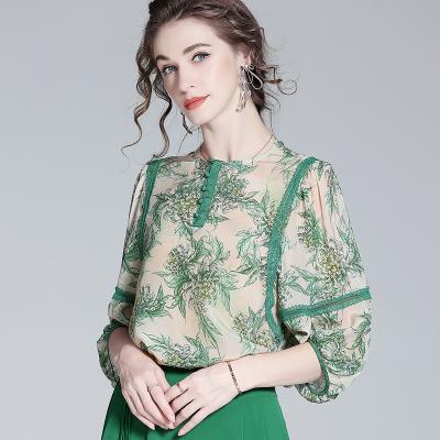 China Anti-pilling High-end ladies blouses and tops women lace stitching silk t shirt for women chinese buttons blouses elegant women for sale