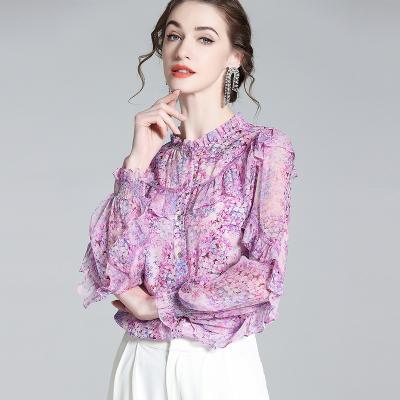 China Anti-pilling Summer shirt floral mulberry silk blouse women grade 6A silk womens top blouse for sale