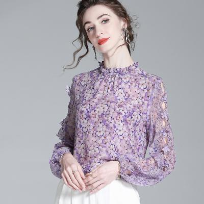 China Anti-pilling Top Fashion women's summer stand collar top luxury silk blouse sleeve hollow design purple blouse for sale