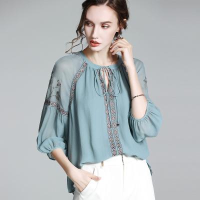 China Anti-pilling Grade 6A silk long sleeve shirt women's embroidered blouse mulberry silk ladies long sleeve tops for sale