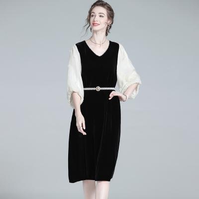 China Anti-wrinkle New autumn dress pearl belt velvet dress french black dresses elegant women for sale