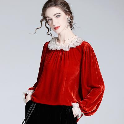 China Anti-pilling Autumn new vintage long sleeve blouses round neck velvet top red blouses elegant women for sale