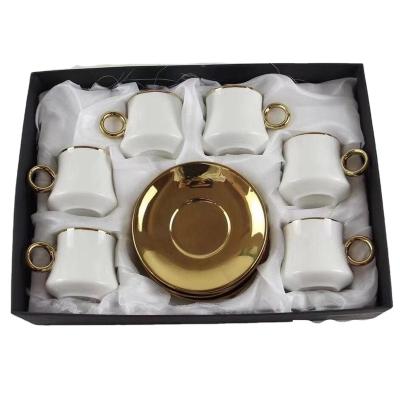 China New 2/4/6 Viable Gold Color Ceramic Saucer Cup Set Custom Logo And Package Porcelain Saucer Coffee Cup Sets Gold Cup And Saucer Set for sale