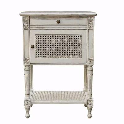 China American French Bedroom Fashion High End Wooden Antique Make Old Solid Wood Rattan Bedside Table Custom Furniture for sale