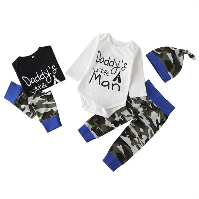 China Low Price Breathable Wholesale Letter Printed Rompers Camouflage Pattern Pants Baby Boy 2pcs Clothing Set With Hat for sale