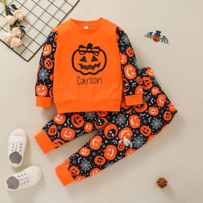 China Halloween Sale Amazon Shirt Design Casual Warm Orange Cartoon Pattern Breathable Autumn/Winter Kids Matching 2pcs Set for sale