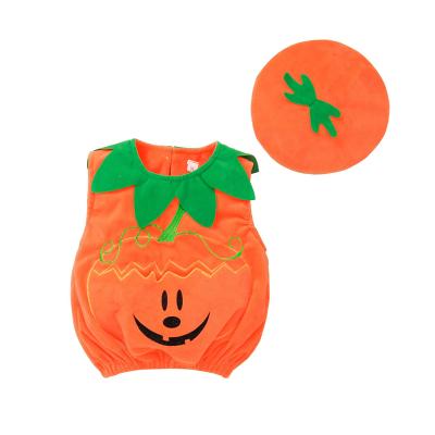 China Spandex/Polyester Halloween Costume Cute Baby Jumpsuit Unisex Pumpkin Train Newborn Rompers Sleeveless Orange Costume for sale