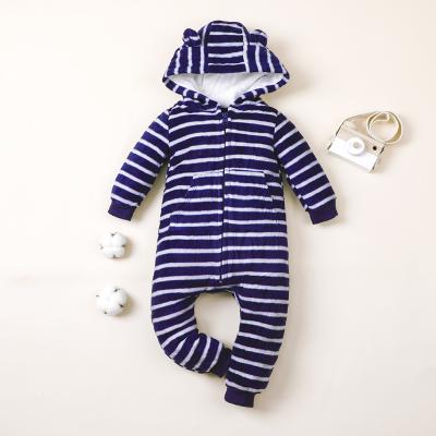 China OEM Dark Blue High Quality Flannel Buckle Stripe Pattern Zipper Baby Boy Autumn Warm Windproof Hooded Crawling Suit for sale