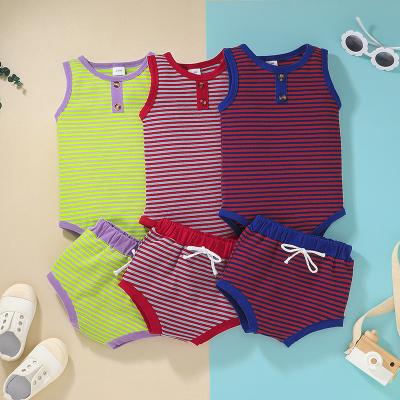 China Low Price High Quality Anti-Static Rib Cotton Wholesale Stripe Summer Sleeveless Cute Baby Clothing 2pcs Unisex Matching Set for sale