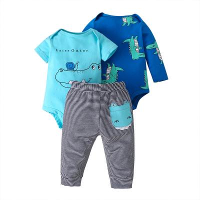 China New Arrival Breathable Crocodile Cartoon Printed Blue Rompers Set Cotton Knitted Newborn Unisex Baby Clothing 3 Pieces for sale