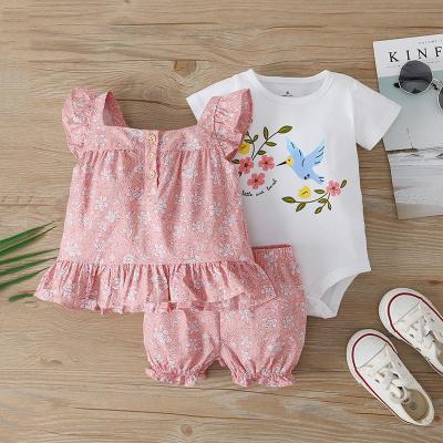 China High Quality Retro Style Breathable Floral Pattern Blush Pink Short Sleeve Cotton Knitted Breathable 3pcs Clothing Set For Baby for sale