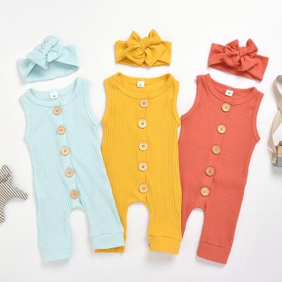 China Wholesale High Quality Plain Sleeveless Baby Cotton Summer Button Solid Color One Piece 100% Solid Color Rompers With Headband for sale