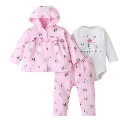 China Wholesale Anti-static High Quality Pink Color Floral Pattern Printed Coat Matching Full Pants 3pcs Baby Clothing Set for sale