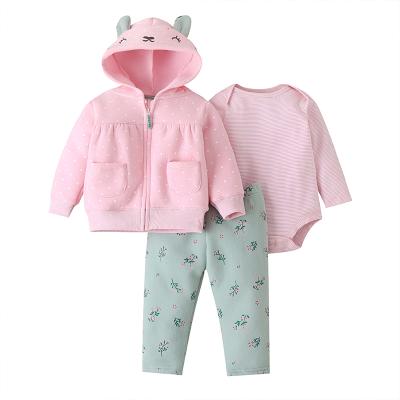 China Baby Anti-Static Cotton Knitted Clothing Set Kitten Coat Flower Pattern Green Pants 3pcs Costume RTS Candy Color Full Sleeve Hooded for sale