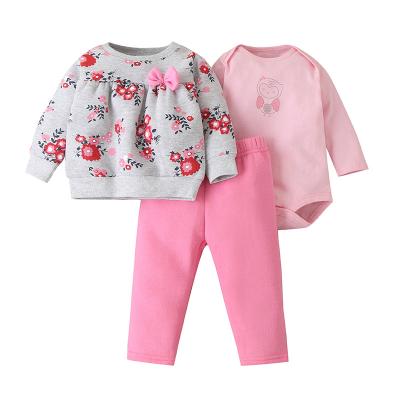 China RTS Anti-Static Hot Sale Flower Pattern Plus Pink Baby Round Neck Cotton Waist Sweater Long Sleeve Clothing Set for sale