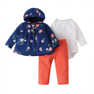 China Low MOQ Anti-Static Floral Printed Loose Windproof One Line Coat Full Sleeve Baby Lovely Clothing Set Matching Clothes 3pcs for sale