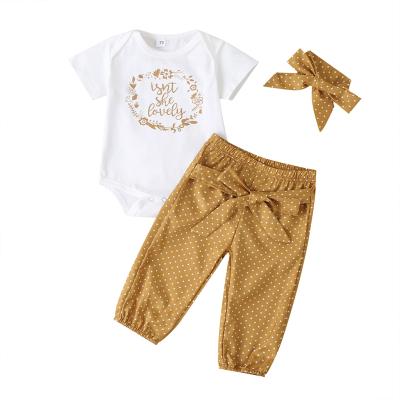 China Wholesale Anti-static Baby Girl Summer Short Sleeve Rompers 2pcs Clothing Set Gold Pant Suit With Headband for sale