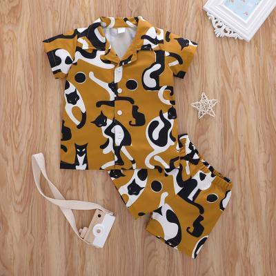 China Simple Button 2pcs Kitten Printed Breathable Cotton Knitted Hawaii Style Casual Shorts Sleeve Kids Boy Clothes Set for sale