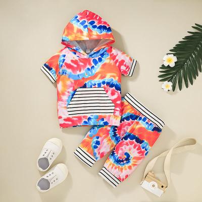 China Hot sale summer casual tie dyed hooded short sleeve sweater baby boutique matching 2pcs clothing set for sale