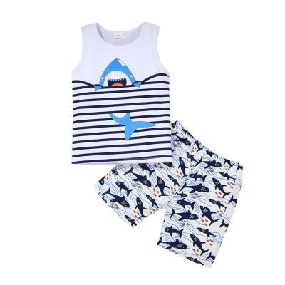 China High Quality Casual Shark Cartoon Printed Cute Design Kids Boy 2pcs Sleeveless Summer Dressing Set for sale