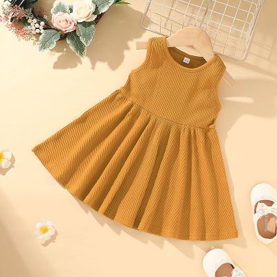 China Breathable Ready To Ship Simple Style Solid Color O-Neck Cotton Knitted Summer Pleated Dress For 2-6 Years Old Kids Girl for sale