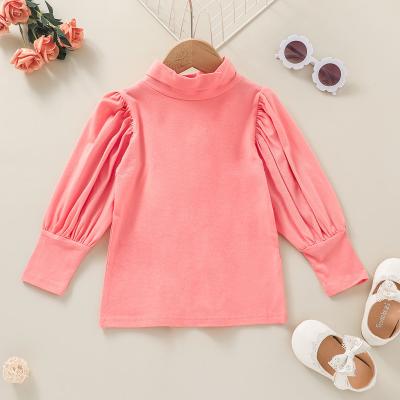 China Polyester/Cotton In Puff Sleeve Solid Color Kids Girl T-shirt Children's Running Pink Casual Clothes for sale