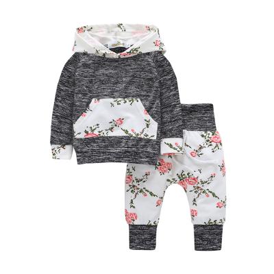 China OEM Breathable Color Gray Flower Full Sleeve Hooded Jumper Matching Pants Baby Girl 2pcs Clothes Set For Autumn for sale