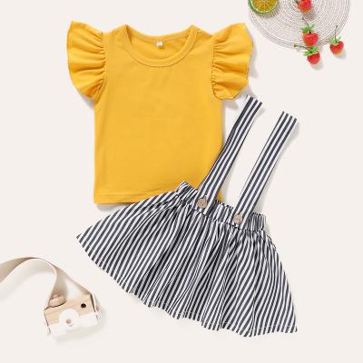 China Casual RTS Ruffle Short Sleeve Summer Yellow T-shirt Zebra Pattern Suspender Skirt Kids Girl 2 Piece Clothing Set for sale