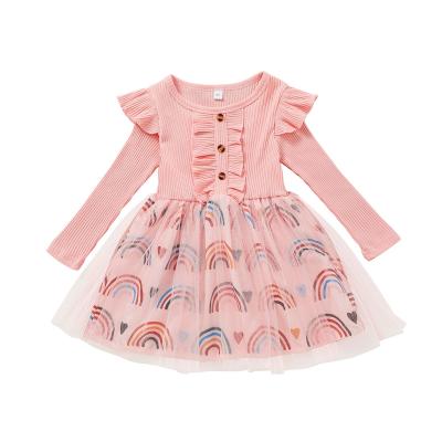 China Wholesale Soft Pink Girl Washable Autumn Clothing A Line Cotton Pleated Dress Knee Length Long Sleeve for sale