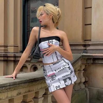 China 2022 new summer spring/newspaper printing breathable backless pin decorate wrap bodycon two piece set casual sexy mini chest skirt for sale