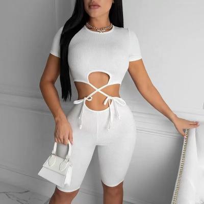 China Hot seller women's breathable clothing 2022 new solid color summer hollow sports sexy short casual one-piece overalls with LACE for sale